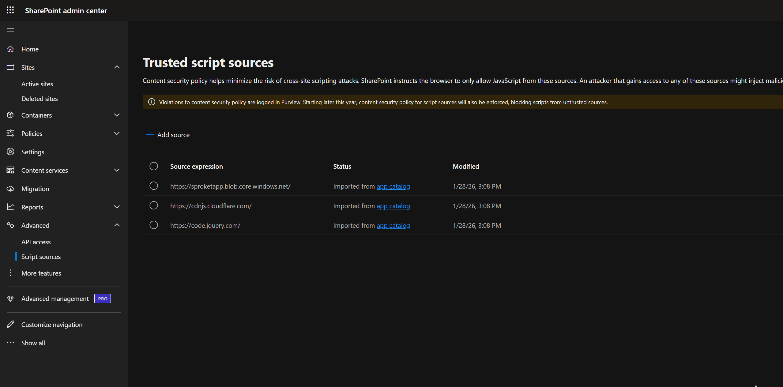 SharePoint Admin Center Trusted Script Sources page