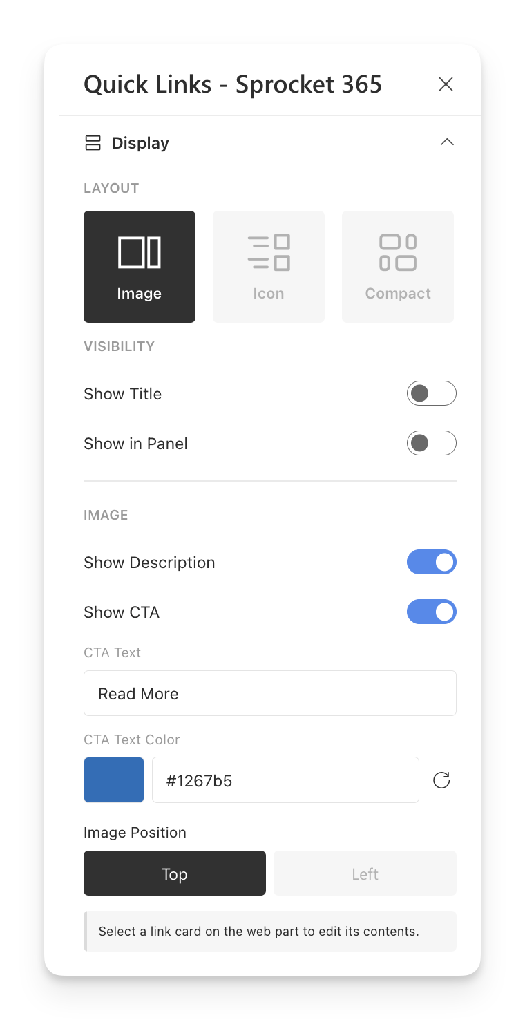 Quick Links Display settings with Image selected, visibility switches, call to action settings and image position controls