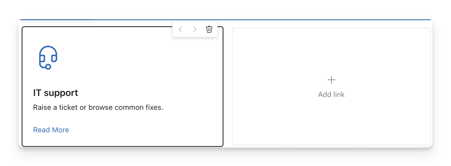 Selected Quick Links card with move and delete controls at the top, alongside the Add link tile