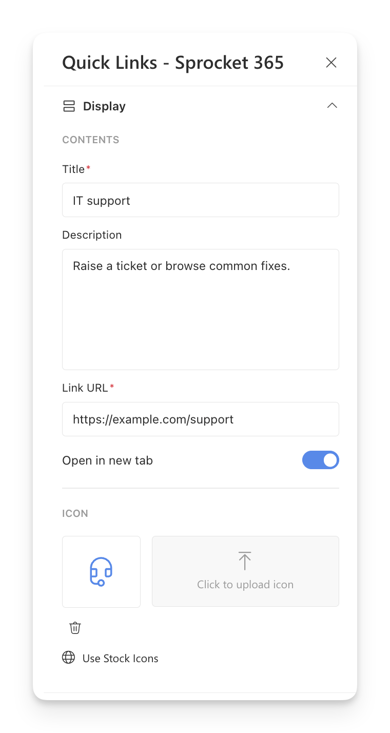 Contents settings for an example IT support link, including Title, Description, Link URL, Open in new tab and a stock headset icon