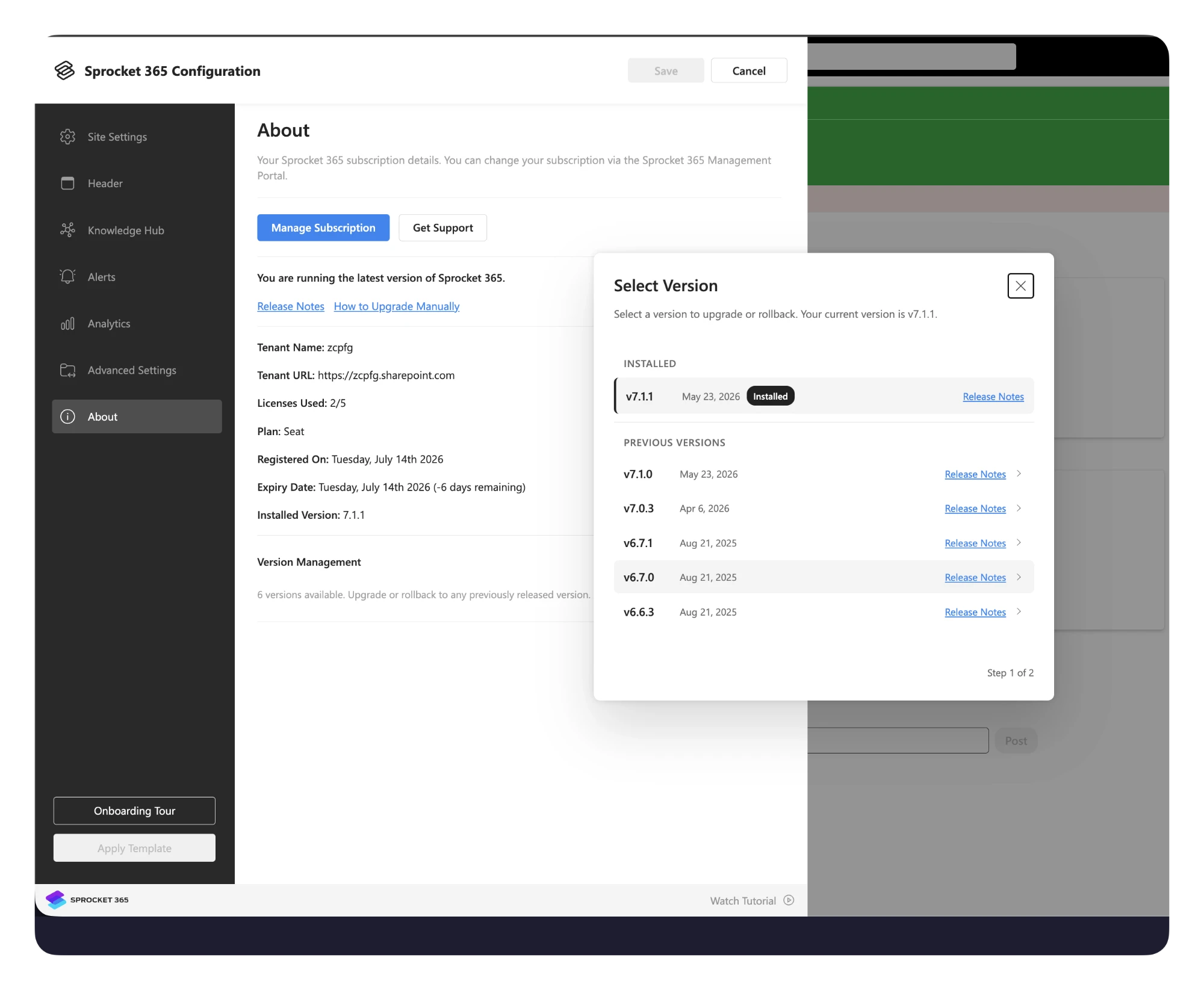 Select Version dialog